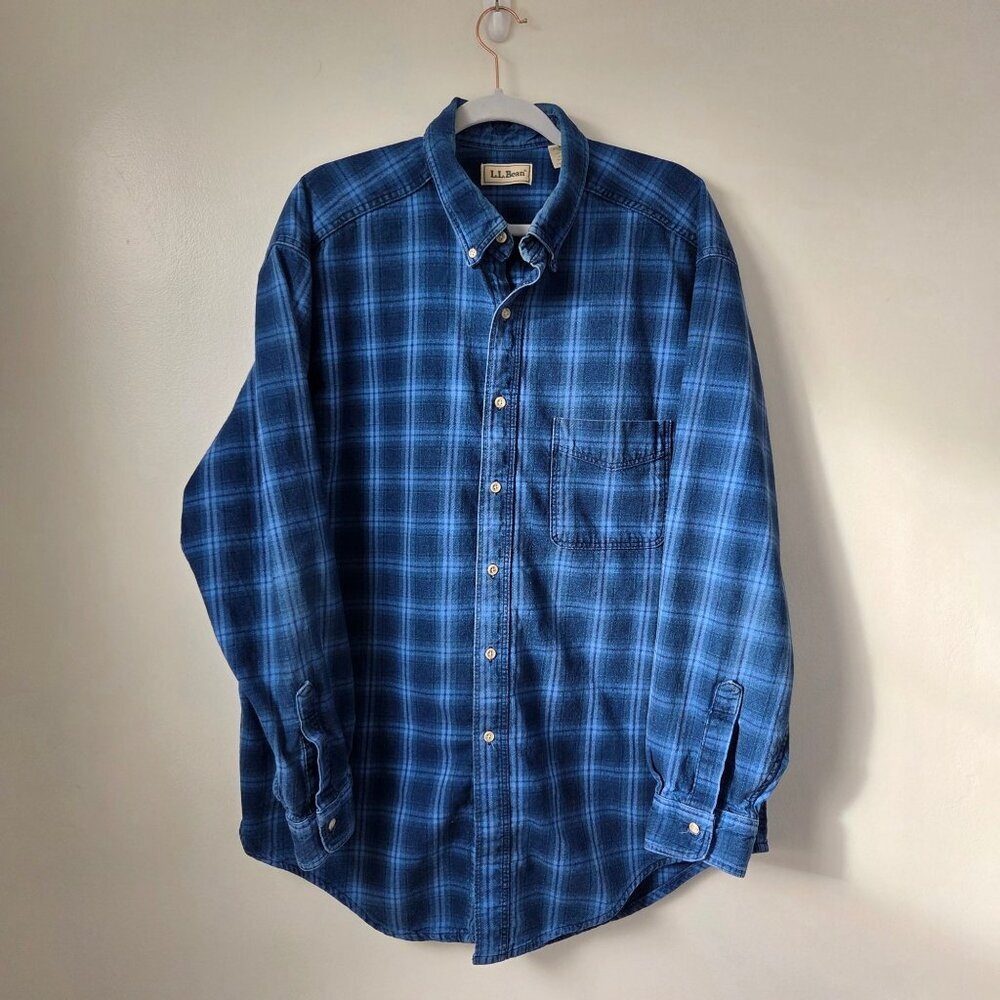 Vintage 90s LL Bean Cotton Flannel Blue Plaid Button Up Size XLT